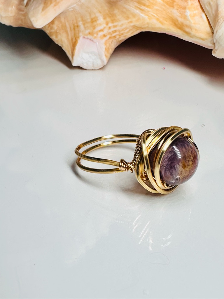 Gold Wire-Wrapped Ring With Sacred Seven Stone Bead 35$
